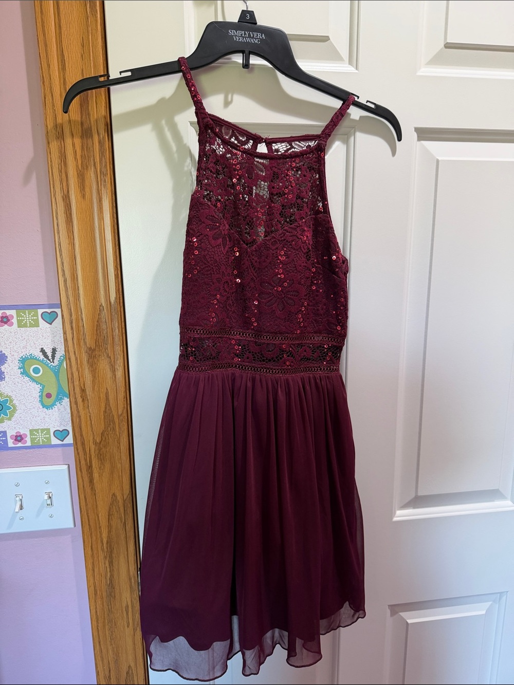 Iz Byer Burgundy Lace & Sequin Mini Dress
